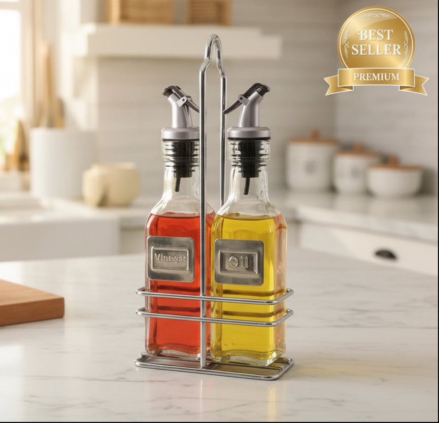 Lot de 2 Cruets Huile de Verre et Vinaigre avec Bouchons Lot de 2 Cruets Huile de Verre et Vinaigre avec Bouchons