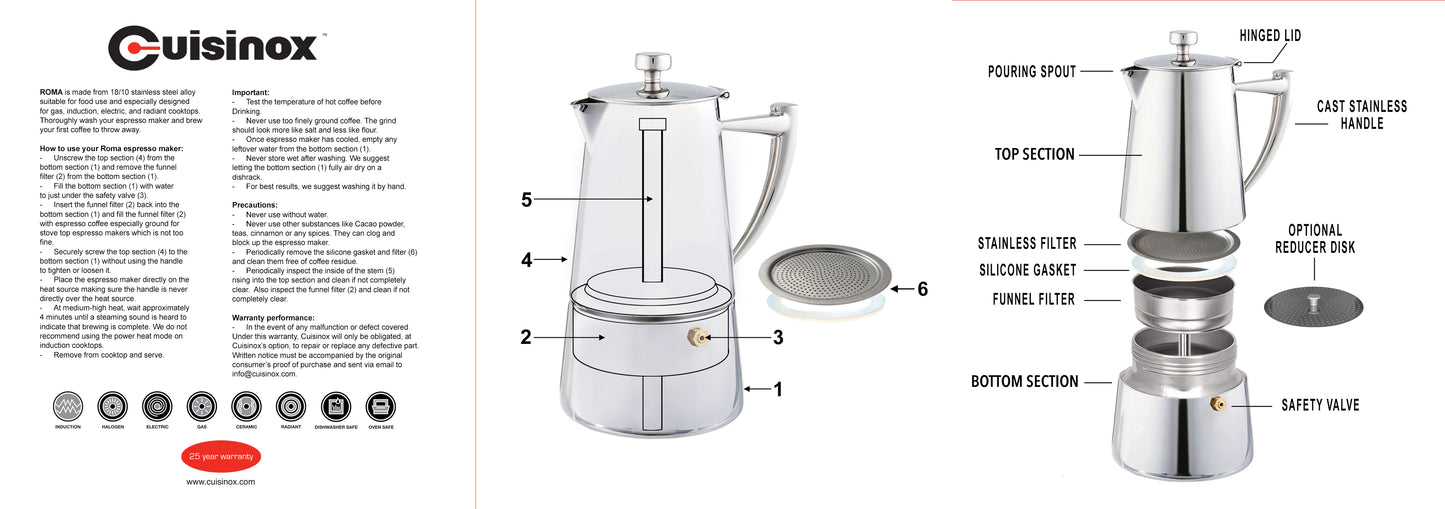 Cuisinox Roma Satin Stainless Steel Induction Stovetop Moka Espresso Coffee Maker