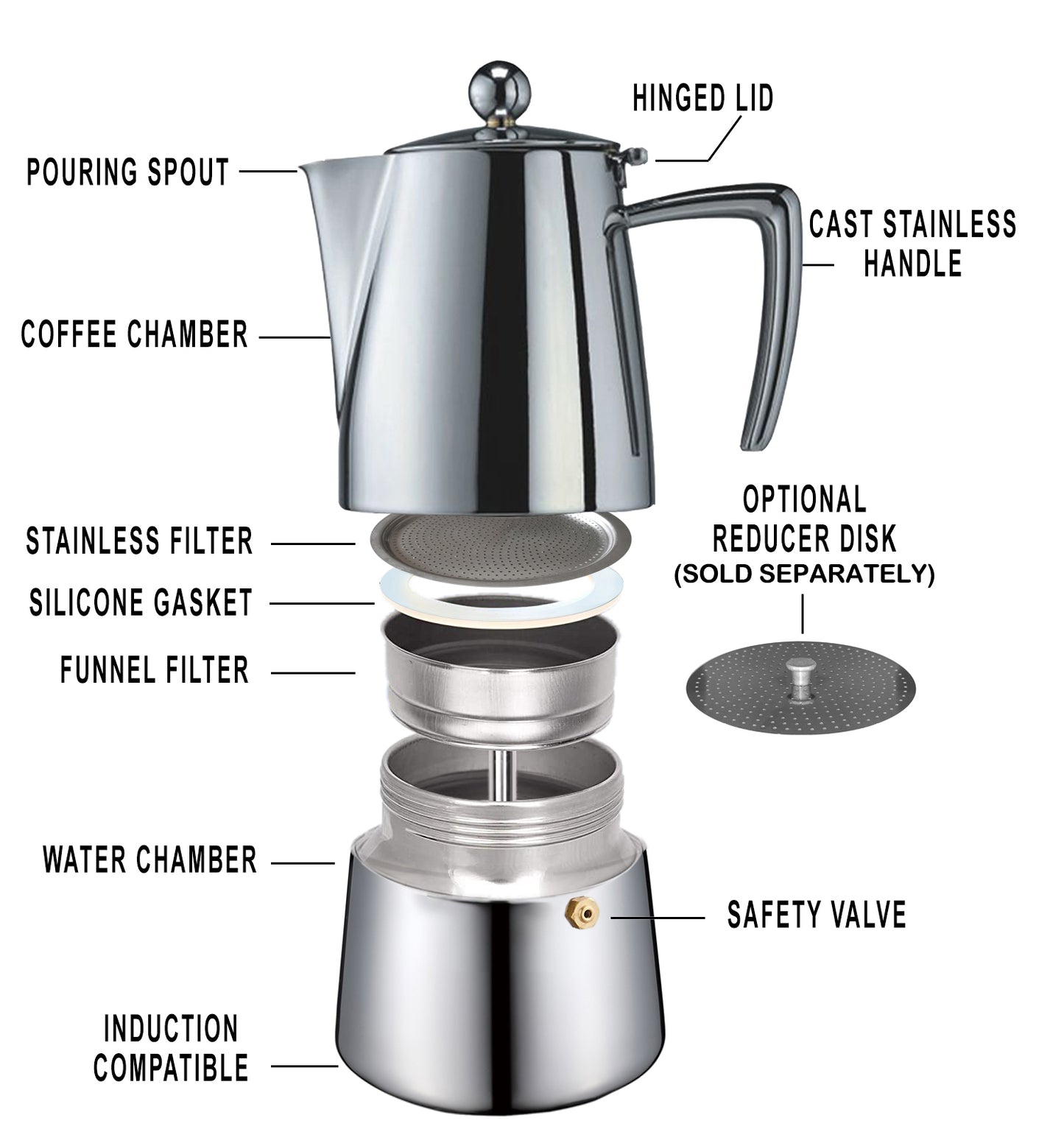 Cuisinox 4 cup Milano Mirror Stainless Steel Induction Stovetop Moka Espresso Coffee Maker