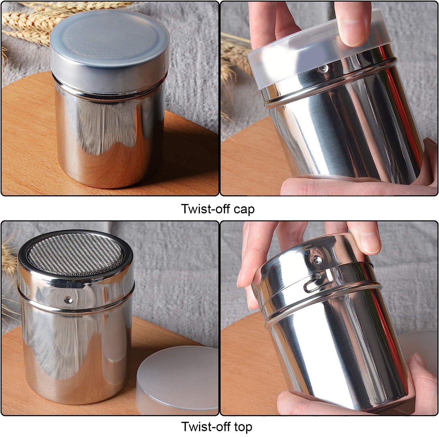 Cuisinox Shaker à sucre en poudre avec couvercle en acier inoxydable 304 Duster/tamis à tamis en maille pour glacer le sucre, le cacao, la cannelle, la farine de chocolat