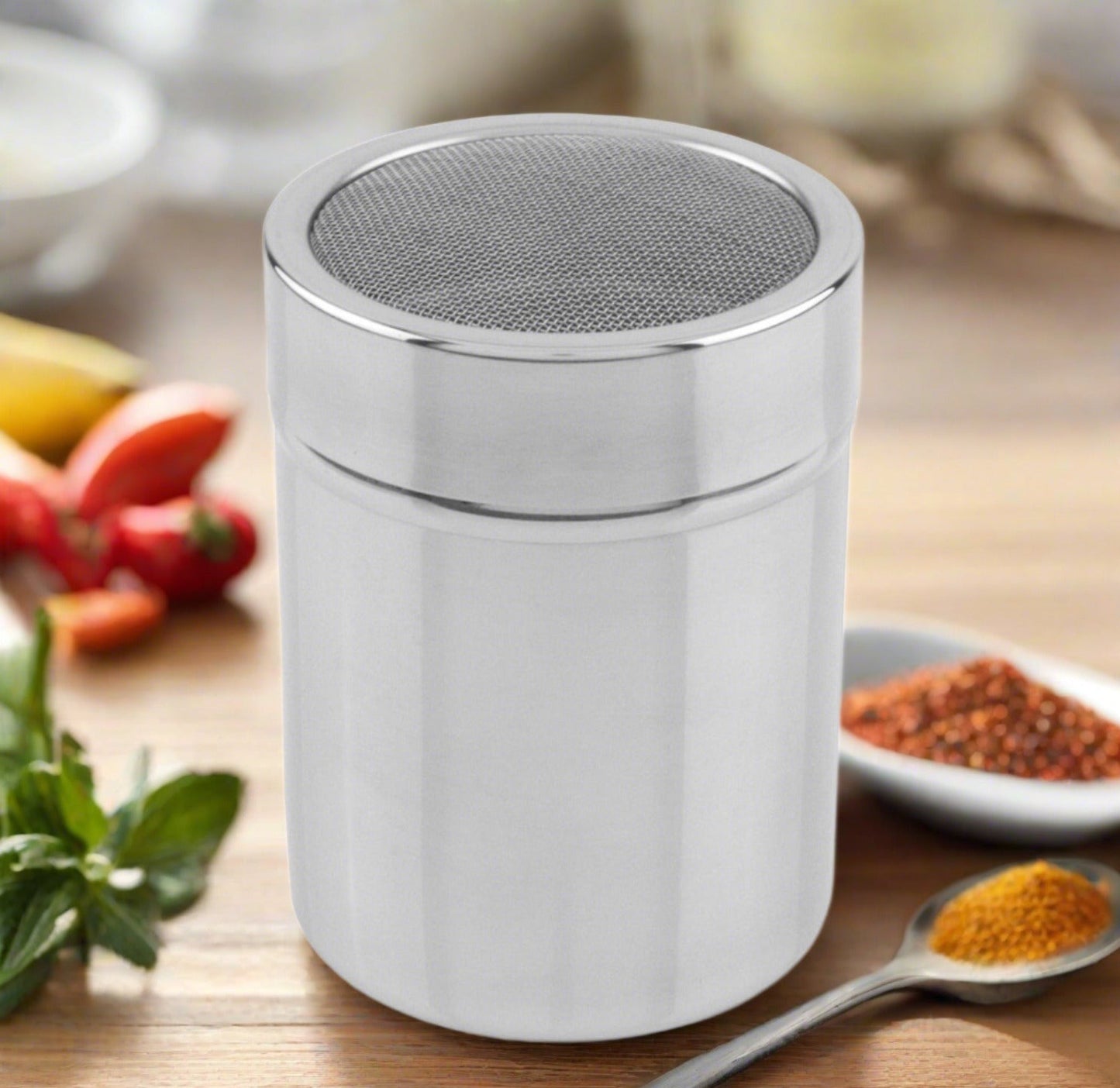 Cuisinox Shaker à sucre en poudre avec couvercle en acier inoxydable 304 Duster/tamis à tamis en maille pour glacer le sucre, le cacao, la cannelle, la farine de chocolat