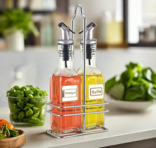 Cuisinox Oil & Vinegar Cruet Set avec Caddy avec étiquettes françaises