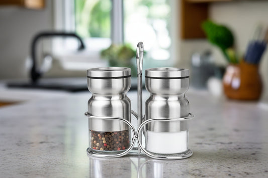 Ensemble salière et poivrière avec suport