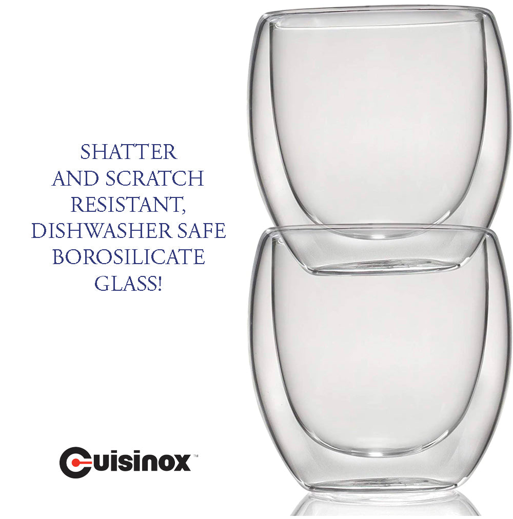 These double-walled espresso glass cups are made of borosilicate glass. These cups are also ideal for serving tea.  Each glass cup holds 3.5 oz to the rim. 